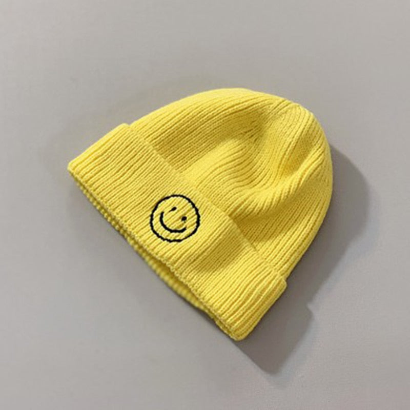 Cute Cartoon Smile Embroidery Baby Hat - Solid Color, Winter Knitted Beanie for Boys and Girls | Warm Children's Caps