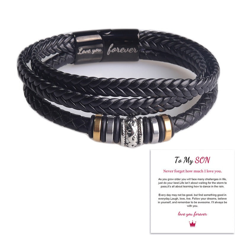 Men's Leather Bracelet Stainless Steel Magnetic Clasp I Love You Engraved Bracelet Multi-layered Black Leather Cord Bracelet