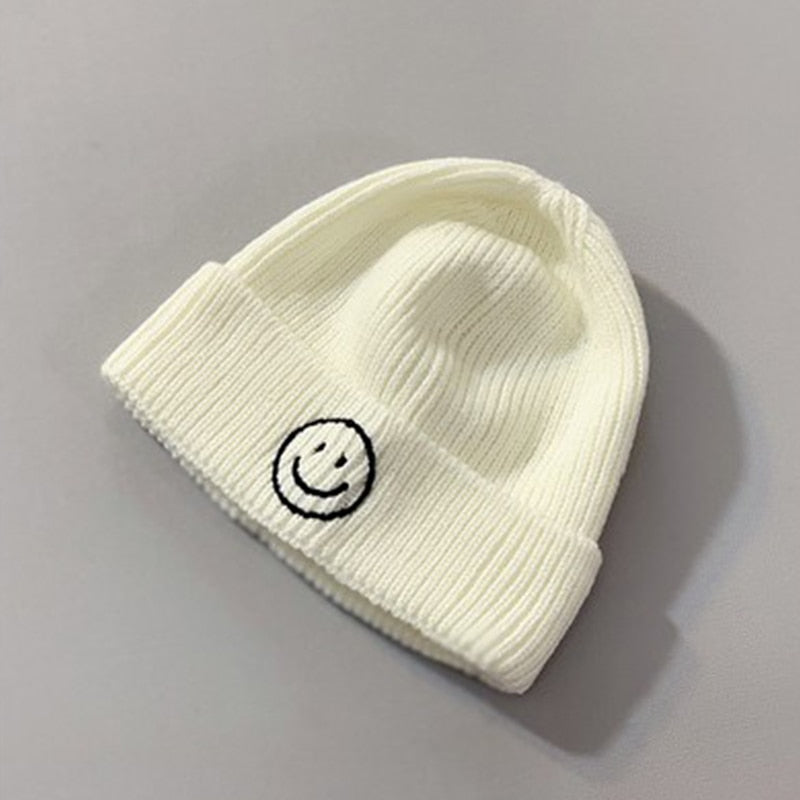 Cute Cartoon Smile Embroidery Baby Hat - Solid Color, Winter Knitted Beanie for Boys and Girls | Warm Children's Caps