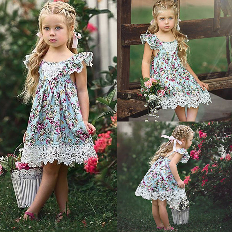 Girls Summer Flying Sleeve Off-shoulder Broken Flowers Print Lace Dress Children's Clothing