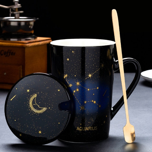 12 Constellations Creative Mugs With Golden Spoon and Lid in White, Dark Blue and Black 420 ml