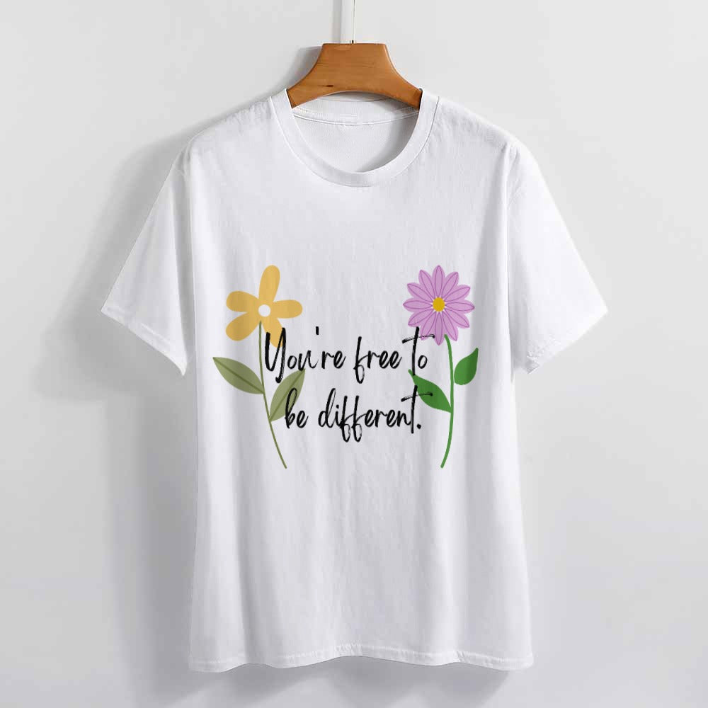 Motivational Flower Print T-Shirt "You are free to be different"