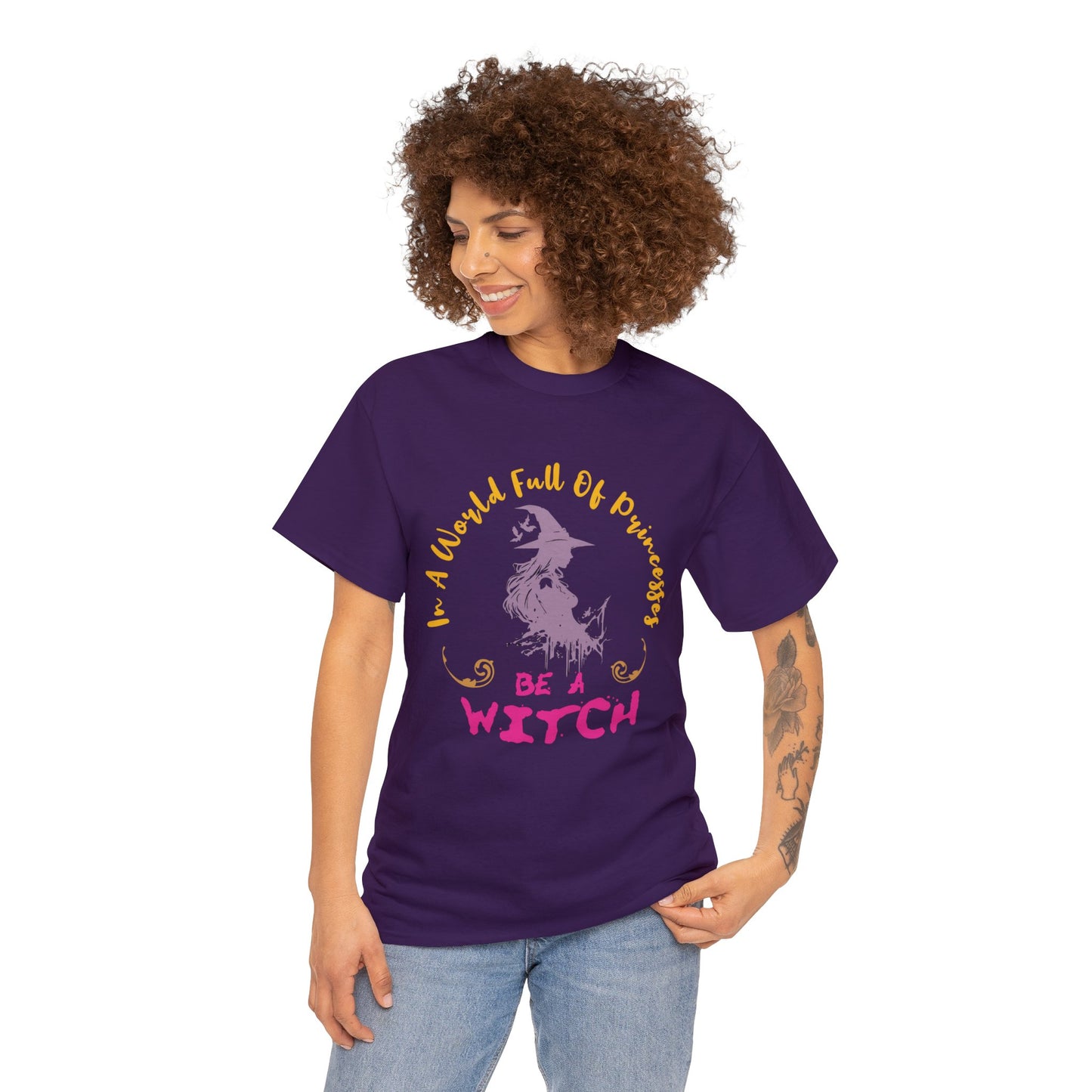 In A World Full Of Princesses, Be a Witch" Halloween Unisex Heavy Cotton Tee: Embrace Your Inner Sorceress!