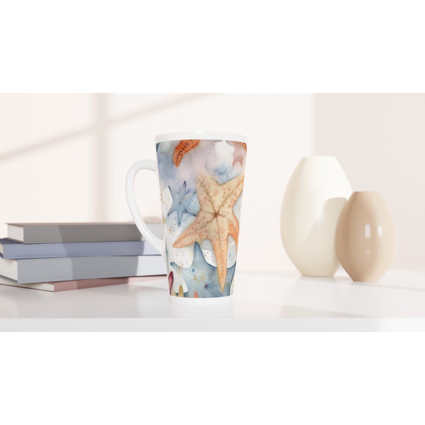 White Latte 17oz Ceramic Mug "Starfish" Summer Holidays at the beach Watercolour Design