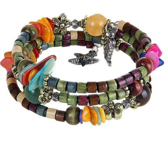 National Vintage Wooden Bracelet with Buddhist Beads, Shell, Starfish and Leaf for Women