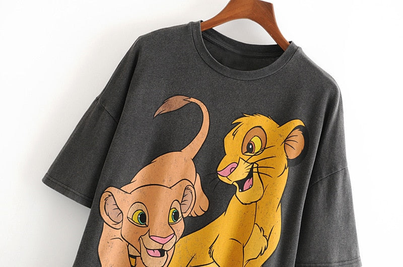 Women T Shirt Fashion Cartoon Lion king print Tee Summer O neck Short sleeve Gray Shirt Casual Female Tops