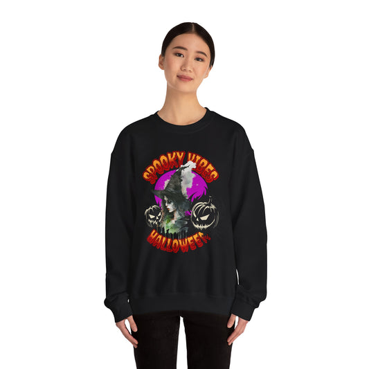 Spooky Vibes Halloween Witch and Pumpkin Unisex Heavy Blend™ Crewneck Sweatshirt