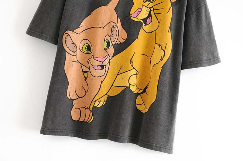 Women T Shirt Fashion Cartoon Lion king print Tee Summer O neck Short sleeve Gray Shirt Casual Female Tops