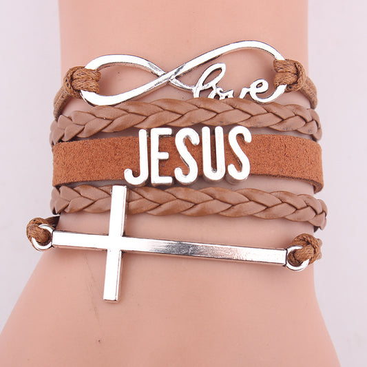 European And American Hot-Selling Friendship Men And Women Multi-Layer Leather Cord Bracelet Cross Bracelet Fashion Jesus Letter Bracelet