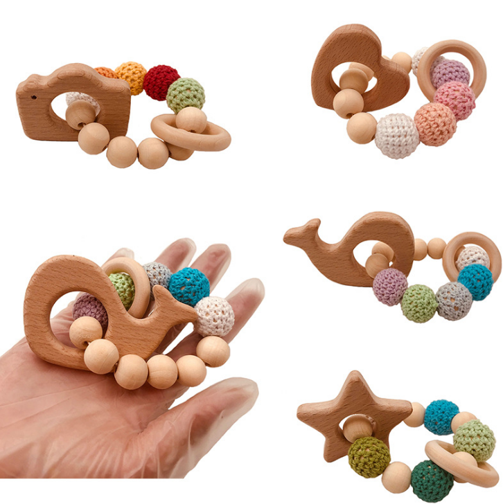 Crochet Bead Teething Ring Set Untreated Beech Teether with Organic Wood Animal Toy Wood Bracelet Baby Wooden Teether Bangle