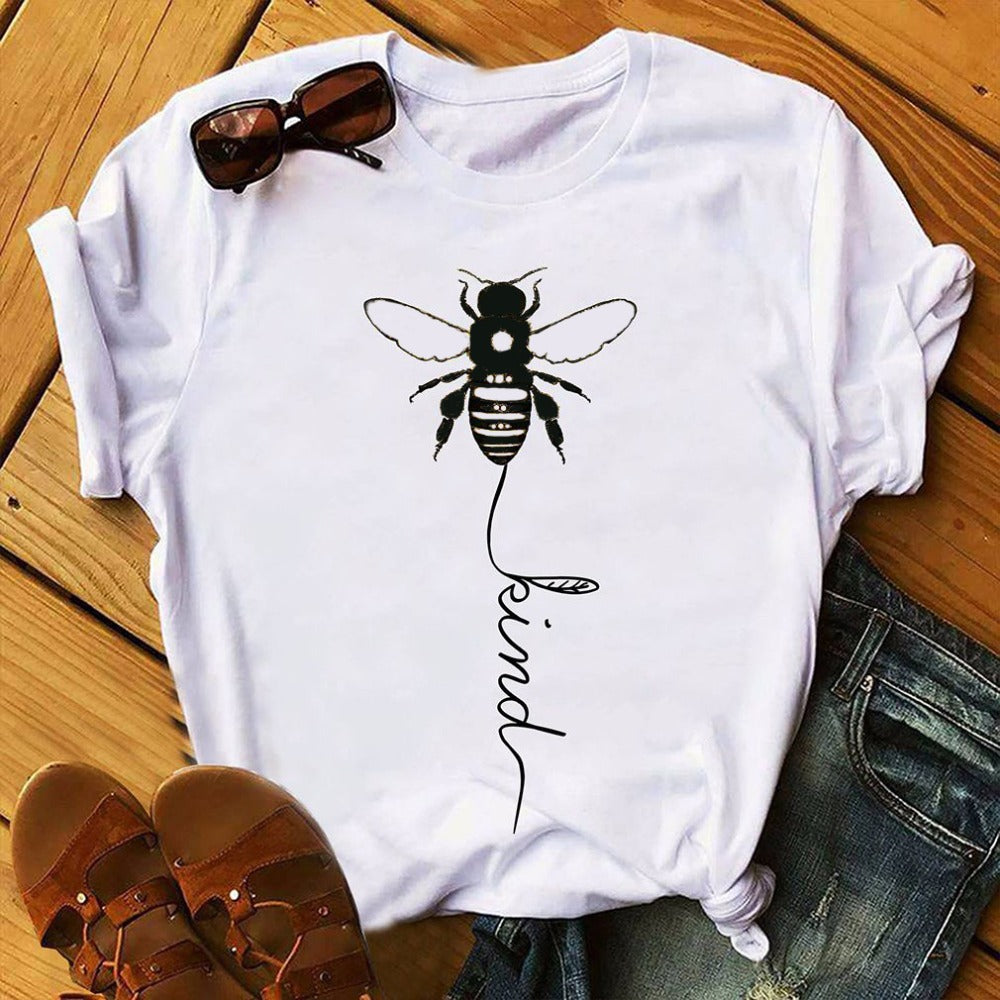 Cotton T Shirt Bee Kind Print Women Short Sleeve O Neck Loose Tshirt Summer Tee Shirt Tops