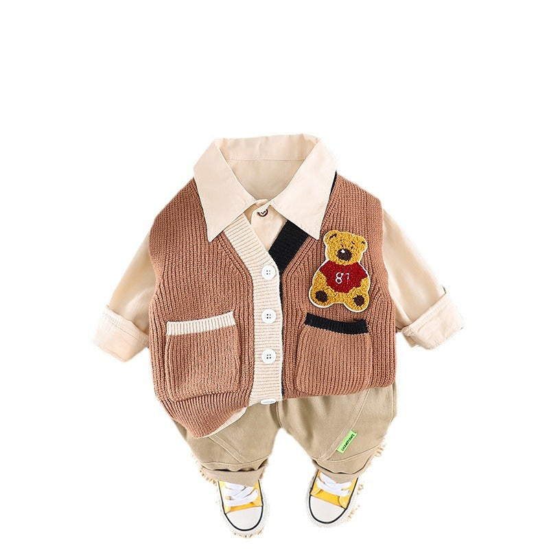 Boys woolen bear vest long sleeved three piece suit autumn new small and medium sized boy baby fashion long sleeved suit trendy