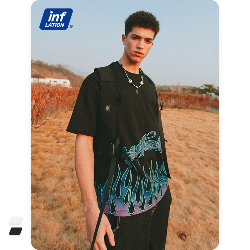 IIgnite Your Style: INFLATION Men's Flame Print Oversized T-Shirts