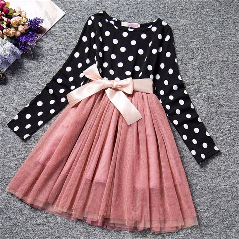 Dot Long Sleeve Dress For Girls Clothing Child Costume Baby Girl Clothing Teenager School Daily Wear Sashes Kids Casual Clothes