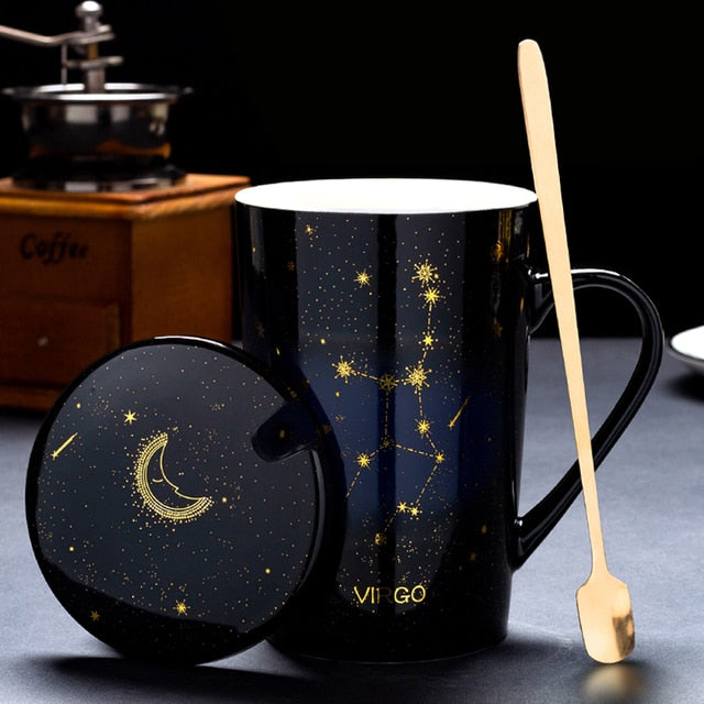 12 Constellations Creative Mugs With Golden Spoon and Lid in White, Dark Blue and Black 420 ml