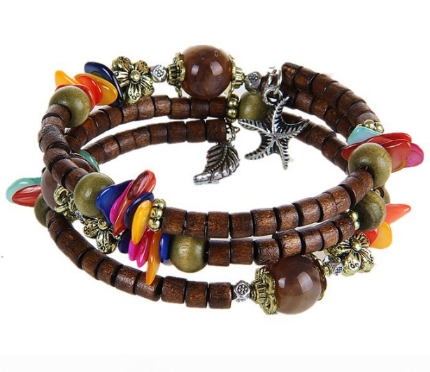 National Vintage Wooden Bracelet with Buddhist Beads, Shell, Starfish and Leaf for Women