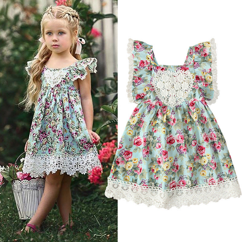 Girls Summer Flying Sleeve Off-shoulder Broken Flowers Print Lace Dress Children's Clothing