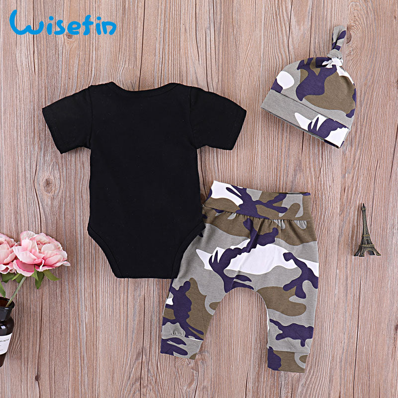 Wisefin Boy Clothing Infant Camo Black Baby Clothes Set Summer For Boy 3 Piece Cartoon Print Kids Outfit With Hat For Newborn