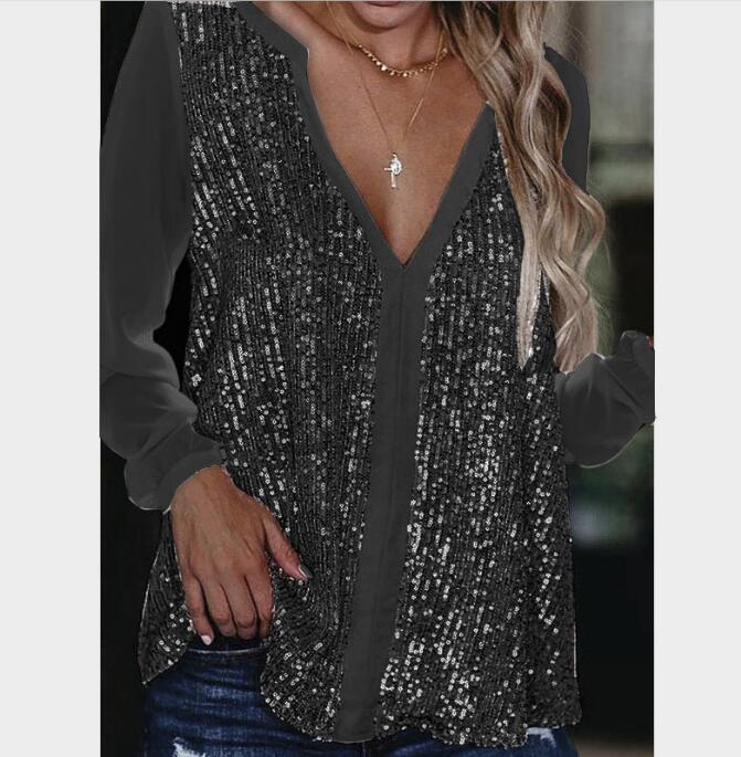 Casual sequined V-neck long-sleeved loose chiffon shirt for women