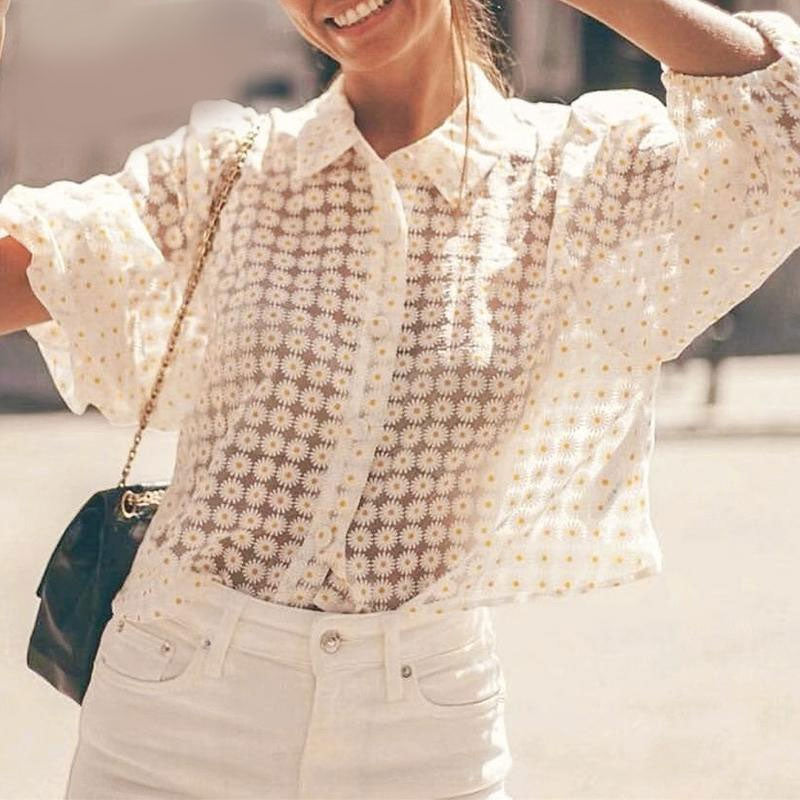 Sweet Spring 24 flower women blouse shirt Summer elegant beige crop tops Buttons see through holiday beach female blouses