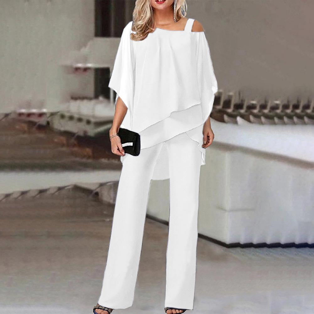 Women's New European and American Fashion Solid Color Loose Leisure Bat Sleeve Long Pants Irregular Fashion Casual Set