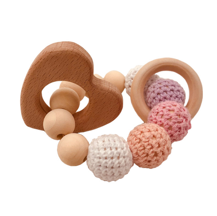 Crochet Bead Teething Ring Set Untreated Beech Teether with Organic Wood Animal Toy Wood Bracelet Baby Wooden Teether Bangle