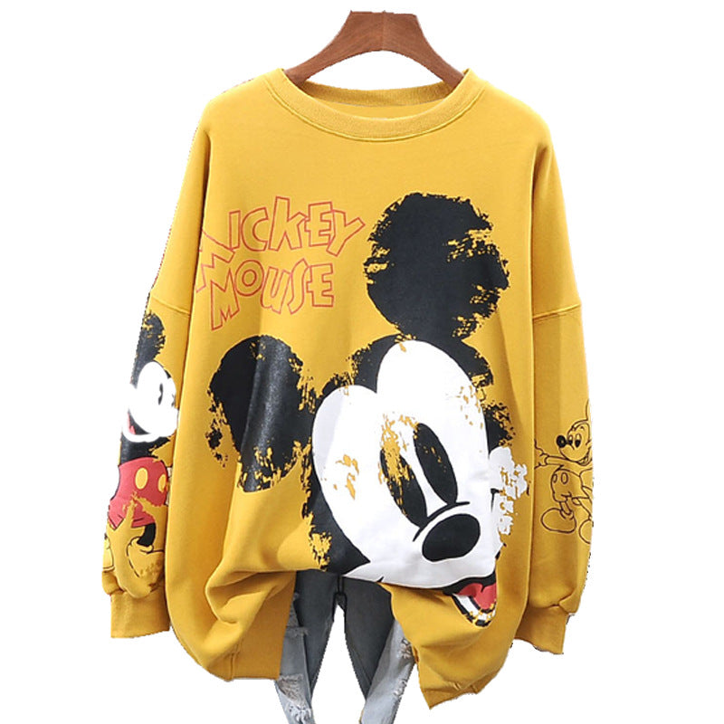 Autumn And Winter New Pullover Top Round Neck Cartoon Mickey Print Long Sleeve Loose Sweater For Women