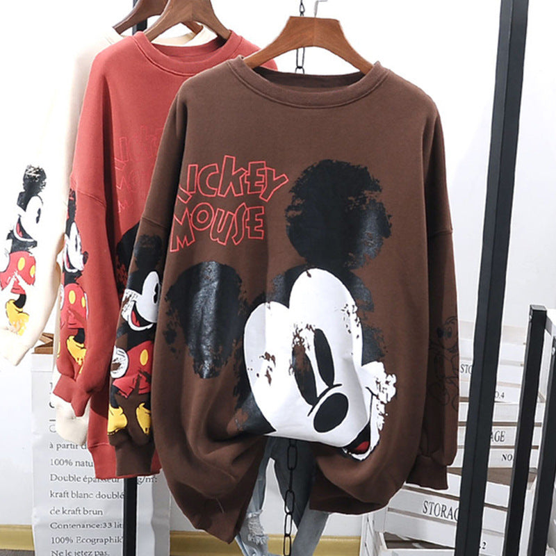 Autumn And Winter New Pullover Top Round Neck Cartoon Mickey Print Long Sleeve Loose Sweater For Women