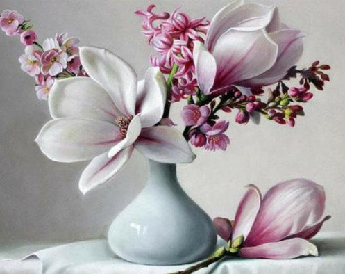 Painting by numbers - White Magnolia flowers in a Porcelain Vase- Painting Kit