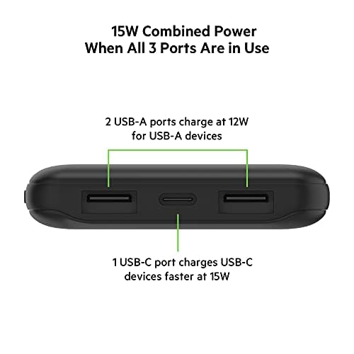 Belkin BoostCharge USB-C Portable Charger 10K Power Bank w/ 1 USB-C Port and 2 USB-A Ports & Included USB-C to USB-A Cable for iPhone 15, 15 Plus, 15 Pro, 15 Pro Max, Samsung Galaxy S24 & More - Black