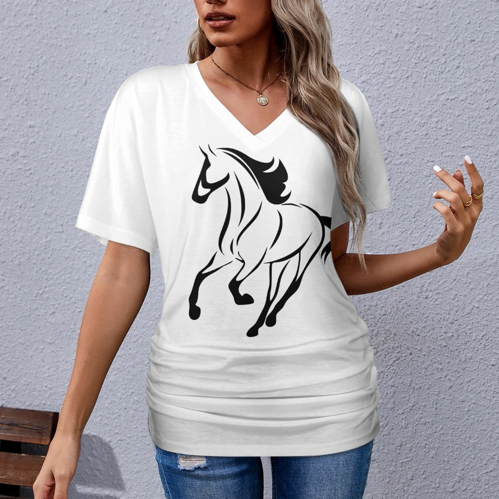 V-Neck Pleated  White T-Shirt for Women with Horse Design