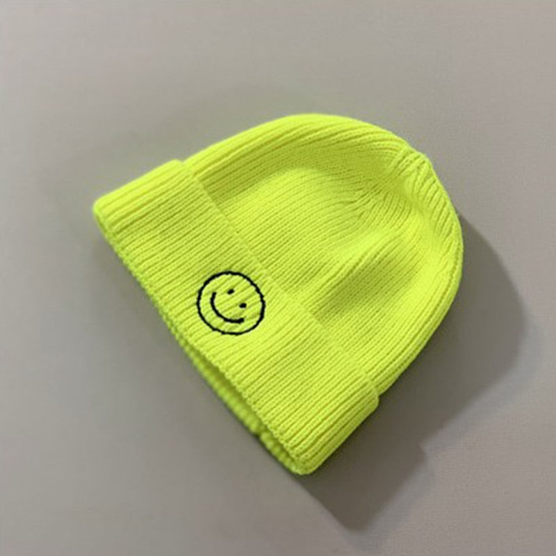 Cute Cartoon Smile Embroidery Baby Hat - Solid Color, Winter Knitted Beanie for Boys and Girls | Warm Children's Caps