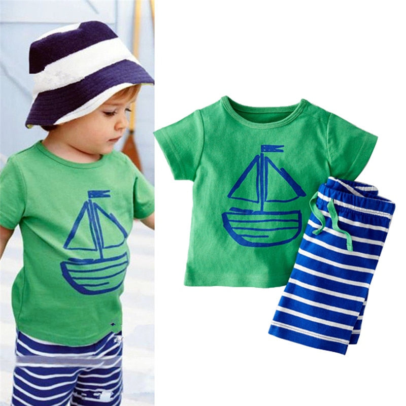 2 pcs Baby Boy Clothing Set Summer Cartoon Printed T-Shirt+ Stripe Shorts Baby Boy Clothes