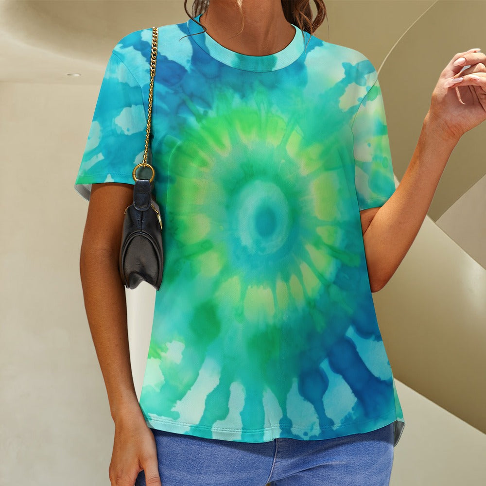 Women's Fully Print T-Shirt Blue and Green Tie-Dye