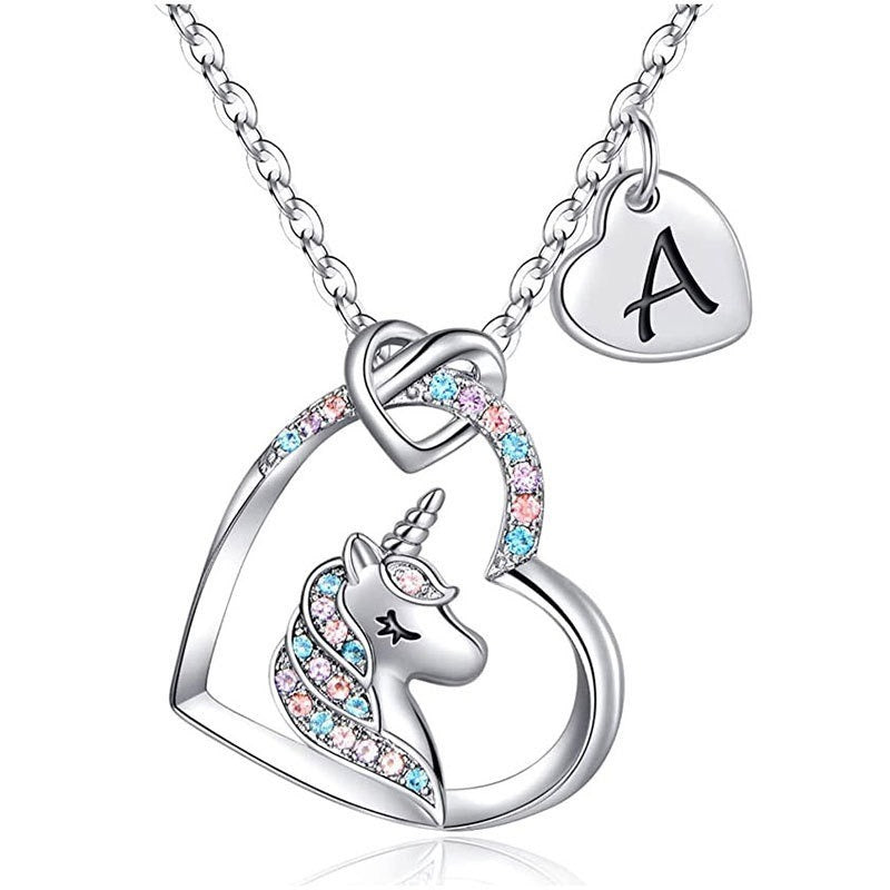 Unicorn s925 silver love letter necklace, female heart shaped silver pendant, neck chain, engraved children's jewelry