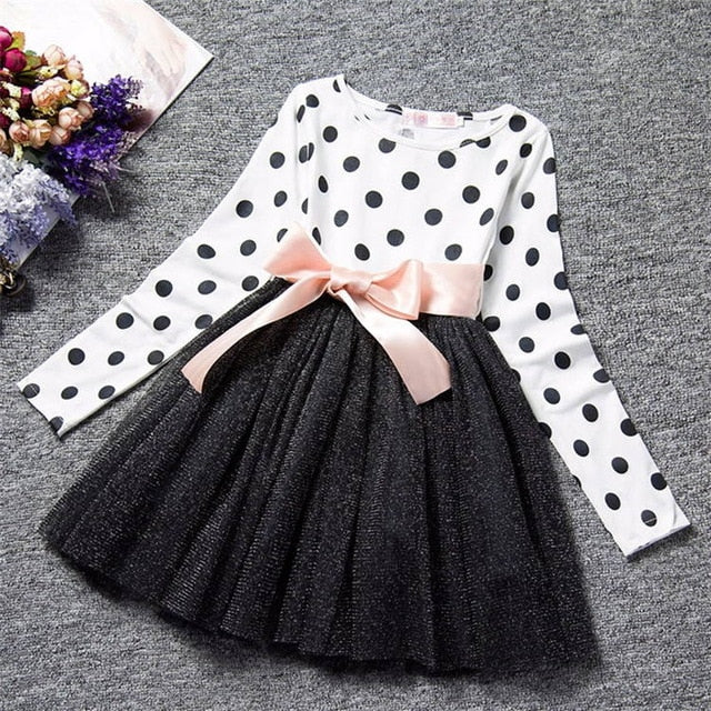 Dot Long Sleeve Dress For Girls Clothing Child Costume Baby Girl Clothing Teenager School Daily Wear Sashes Kids Casual Clothes