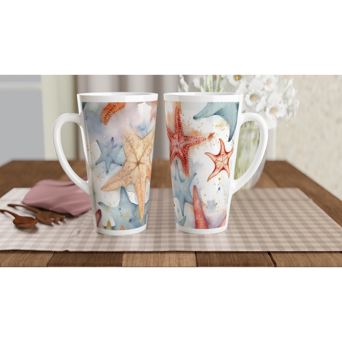 White Latte 17oz Ceramic Mug "Starfish" Summer Holidays at the beach Watercolour Design