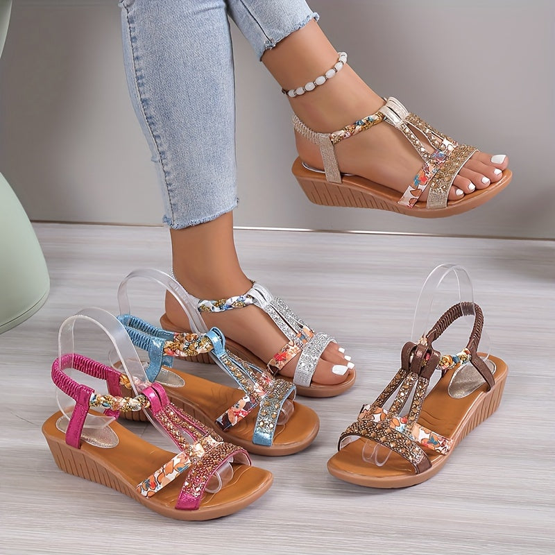 Stylish Women's Rhinestone Decor Wedge Sandals - Comfortable Open Toe Platform Sandals with Elastic Band