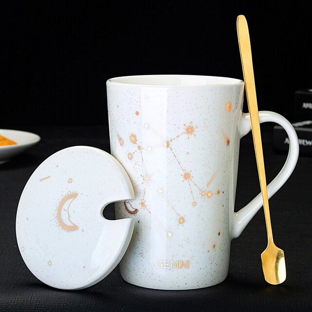 12 Constellations Creative Mugs With Golden Spoon and Lid in White, Dark Blue and Black 420 ml