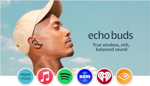 Echo Buds (2023 Release) | True Wireless Bluetooth 5.2 Earbuds with Alexa, audio personalization, multipoint, 20H battery with charging case, fast charging, sweat resistant | Black