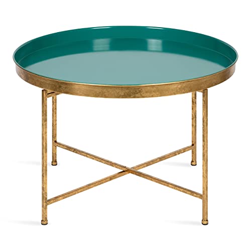 Kate and Laurel Celia Glamorous Folding Metal Table for Storage and Display, 28.25x28.25x19, Teal/Gold