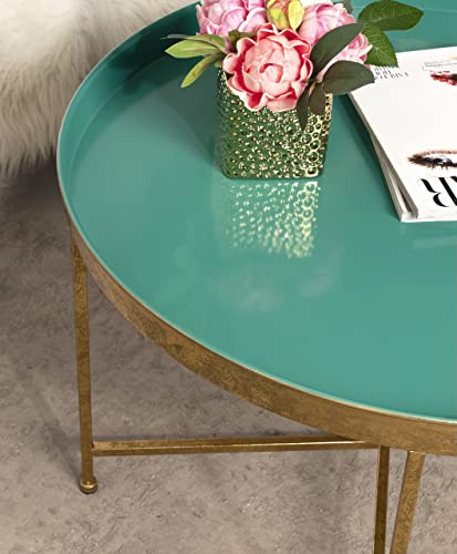 Kate and Laurel Celia Glamorous Folding Metal Table for Storage and Display, 28.25x28.25x19, Teal/Gold