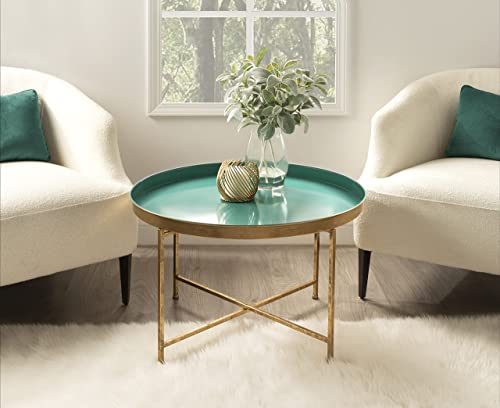 Kate and Laurel Celia Glamorous Folding Metal Table for Storage and Display, 28.25x28.25x19, Teal/Gold