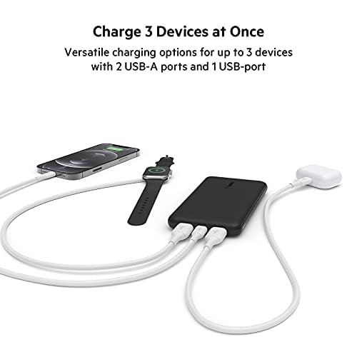 Belkin BoostCharge USB-C Portable Charger 10K Power Bank w/ 1 USB-C Port and 2 USB-A Ports & Included USB-C to USB-A Cable for iPhone 15, 15 Plus, 15 Pro, 15 Pro Max, Samsung Galaxy S24 & More - Black