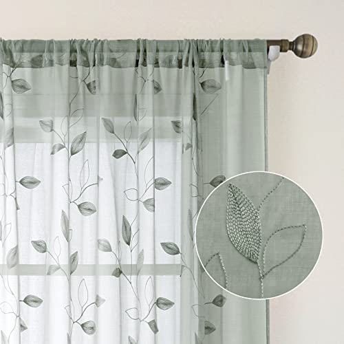 HOMEIDEAS Sage Green Sheer Curtains 52 X 63 Inches Length 2 Panels Embroidered Leaf Pattern Pocket Faux Linen Floral Semi Sheer Voile Window Curtains/Drapes for Bedroom Living Room