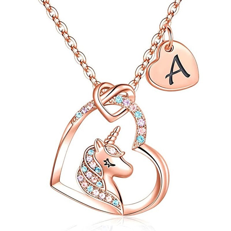 Unicorn s925 silver love letter necklace, female heart shaped silver pendant, neck chain, engraved children's jewelry