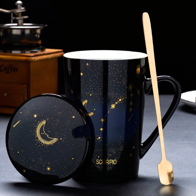 12 Constellations Creative Mugs With Golden Spoon and Lid in White, Dark Blue and Black 420 ml