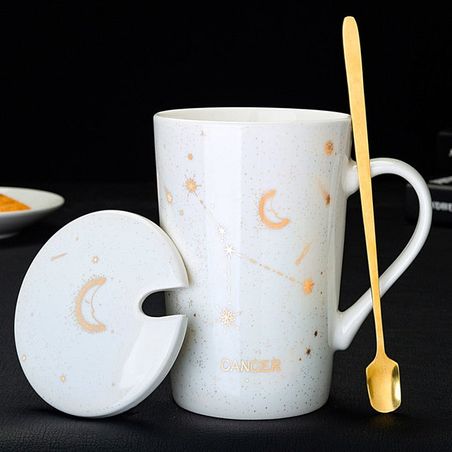 12 Constellations Creative Mugs With Golden Spoon and Lid in White, Dark Blue and Black 420 ml