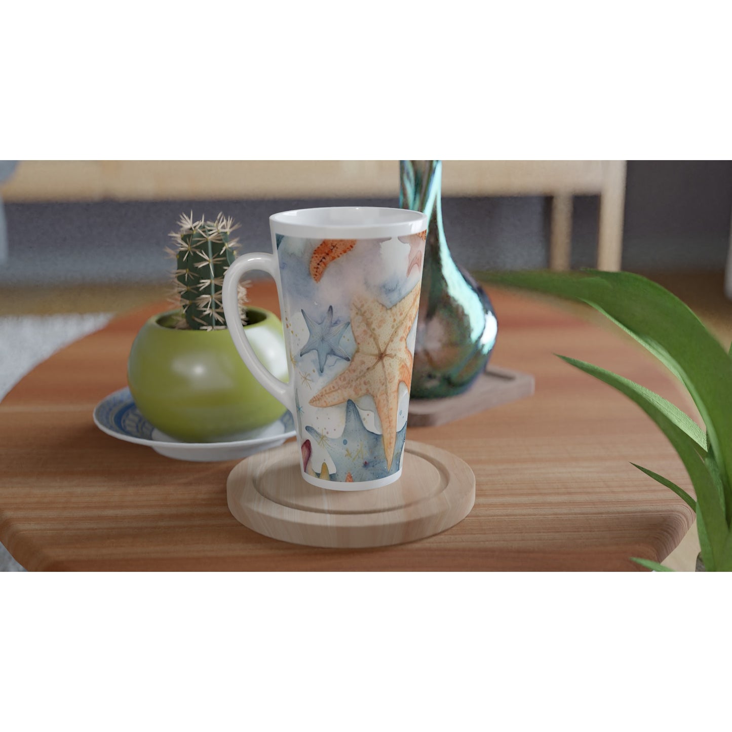 White Latte 17oz Ceramic Mug "Starfish" Summer Holidays at the beach Watercolour Design