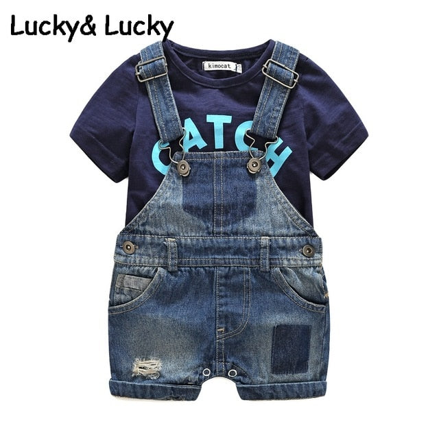 Adorable Bebes Newborn Summer Outfit: Cotton T-Shirt & Denim Overalls for Baby Boys